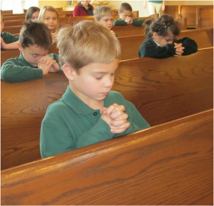 Children Praying in Wooden Pews at St Helen Church Newbury Ohio